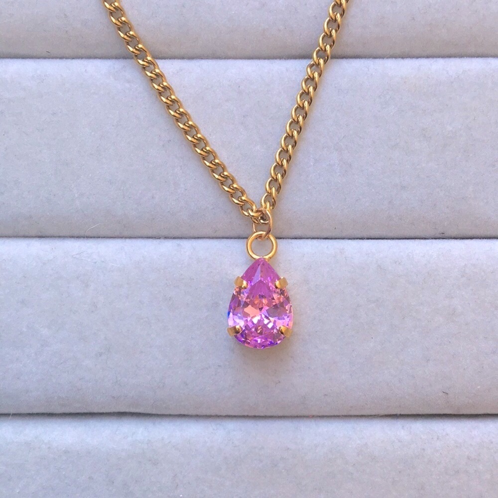 Rose Pink + Gold Cubic Zirconia Pear Crystal Drop Pendant Necklace
